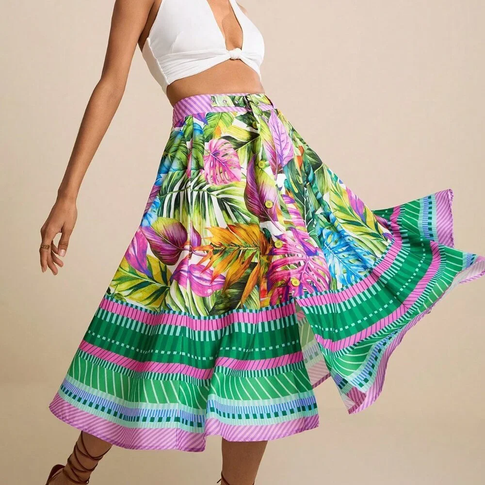 Green Boho Women's Tropical Watercolor Palm Leaf A-Line Midi Skirt